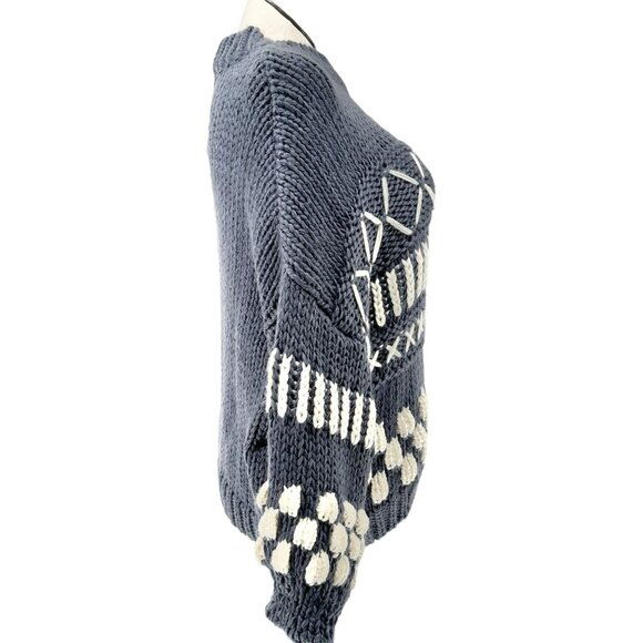 GeeGee Sweater Womens M Oversized Pullover Acrylic Slate Blue and White Knit - Picture 3 of 11